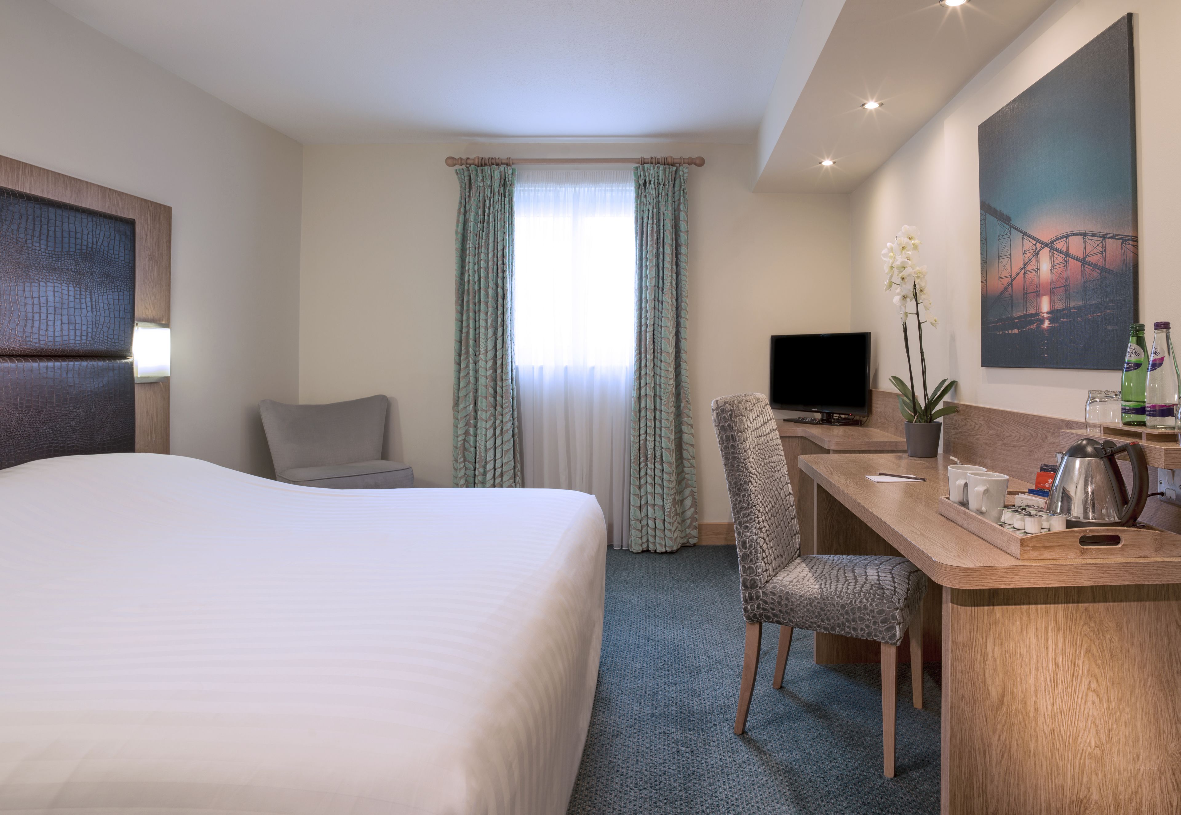 Una habitación de hotel con una cama grande, un escritorio con una silla, un televisor, una planta en maceta y un cuadro en la pared.