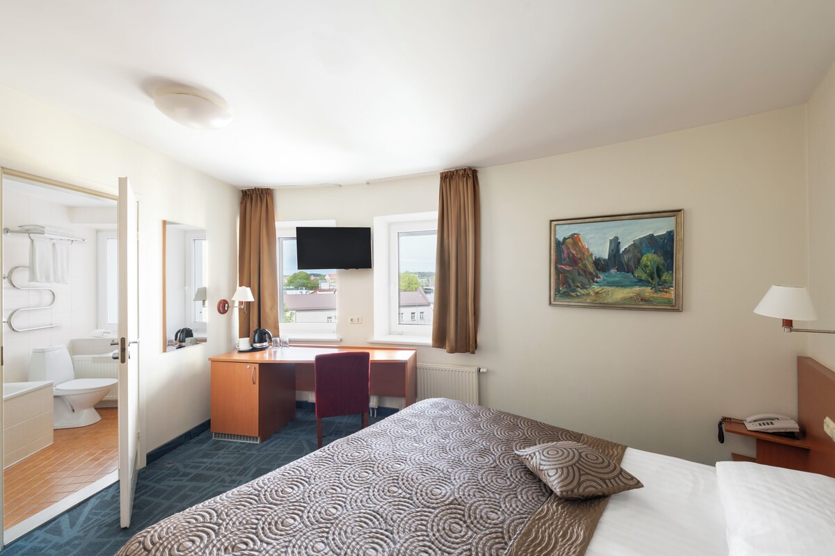 Quarto de hotel com cama, escrivaninha, cadeira, televisão e um quadro na parede.