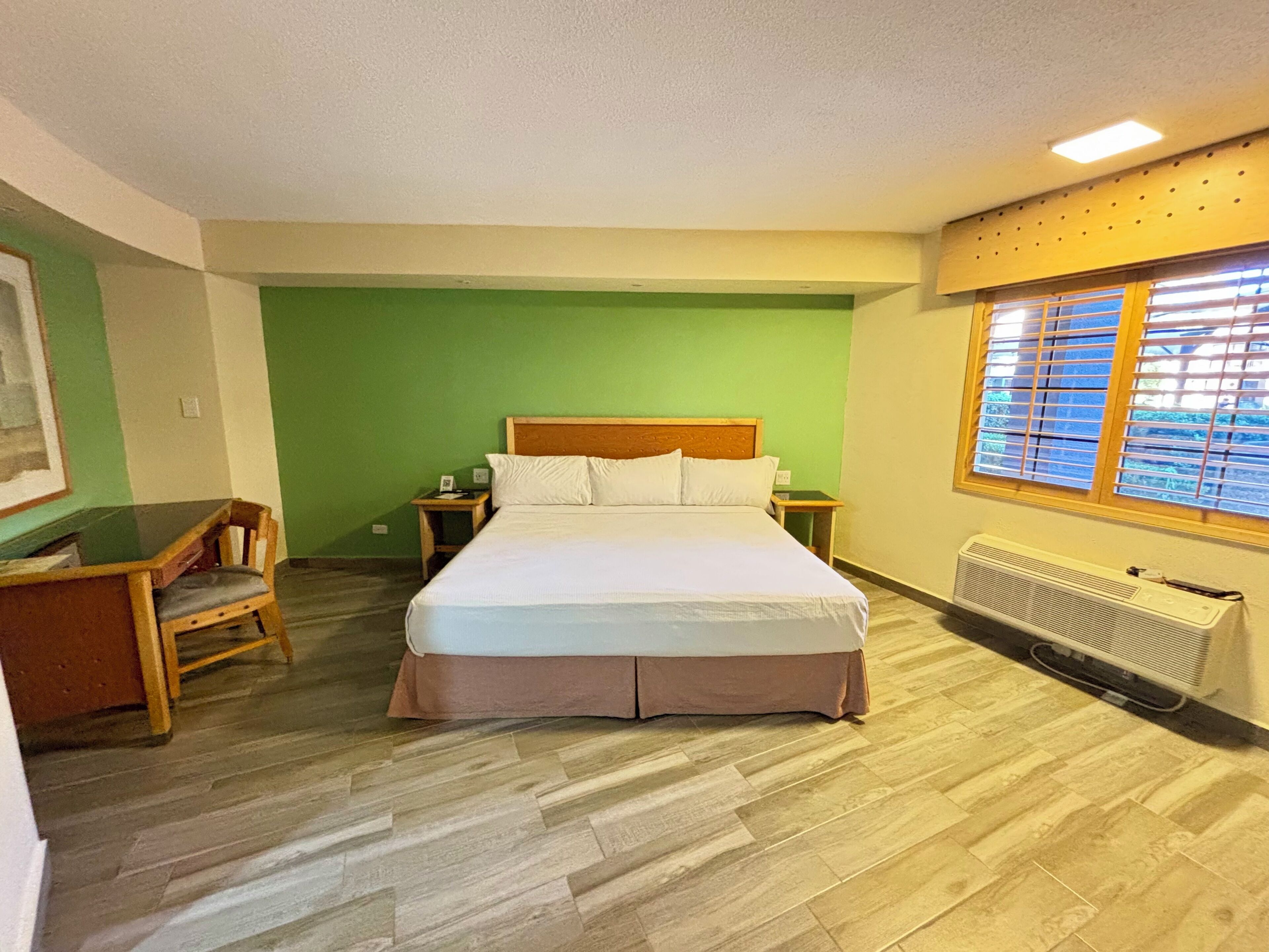 A hotel room with a wooden bed, green walls, a window with blinds, a radiator, and a chair.