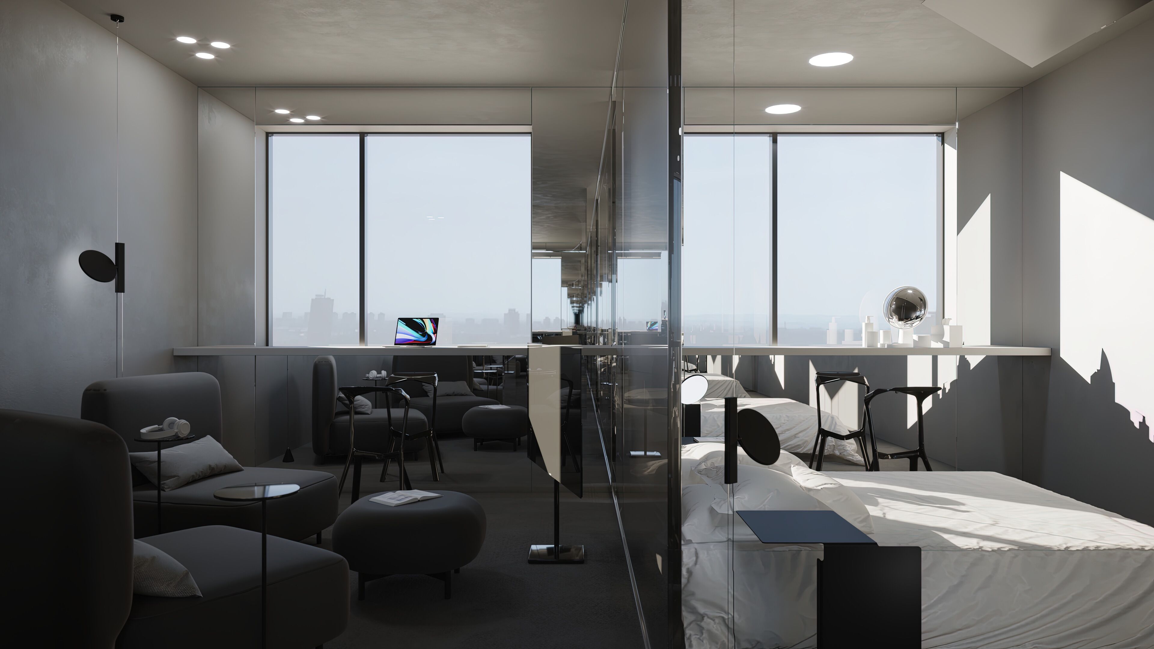 Een moderne hotelkamer met uitzicht over de stad, een bureau met een laptop en een bed met uitzicht.