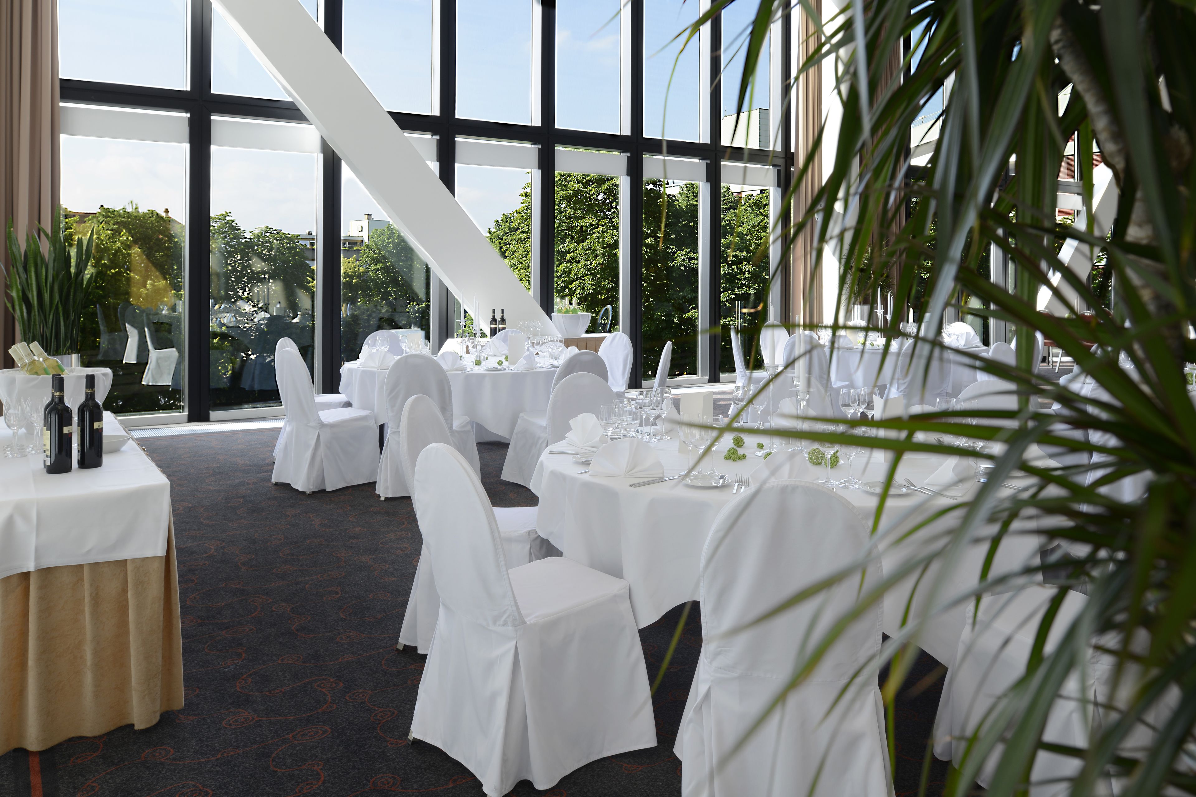 A banquet hall with round tables set for a formal event, large windows, and indoor plants.