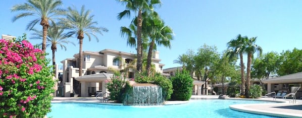 Outdoor pool, pool umbrellas