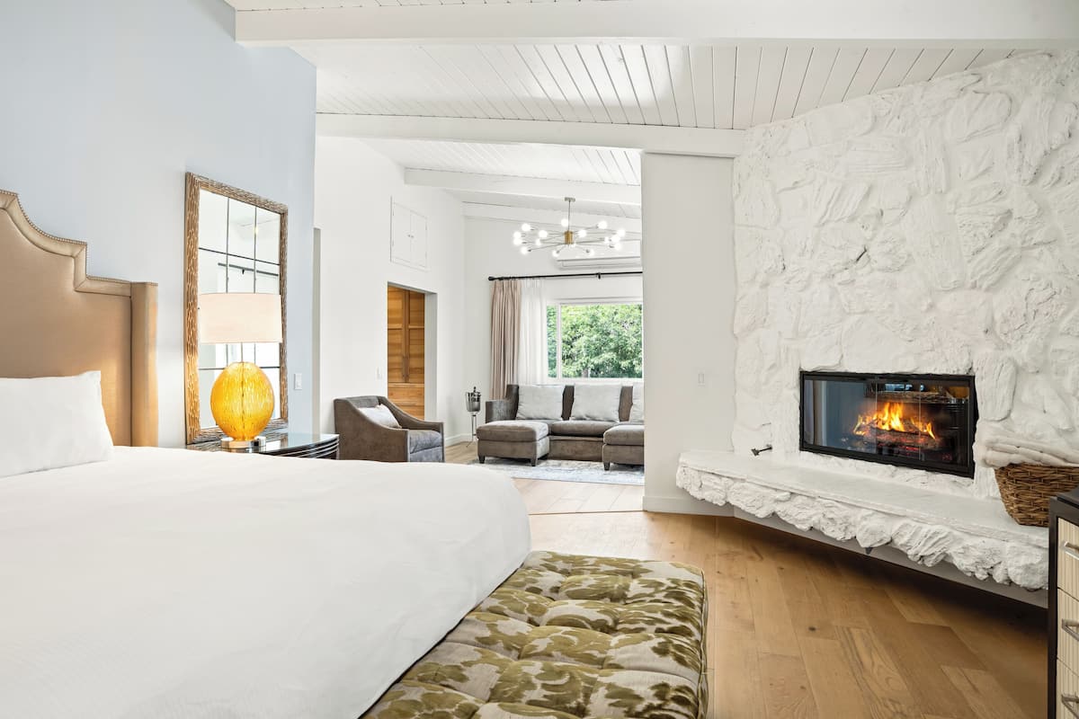 A bedroom with a large bed, a fireplace, and a view of the outdoors.