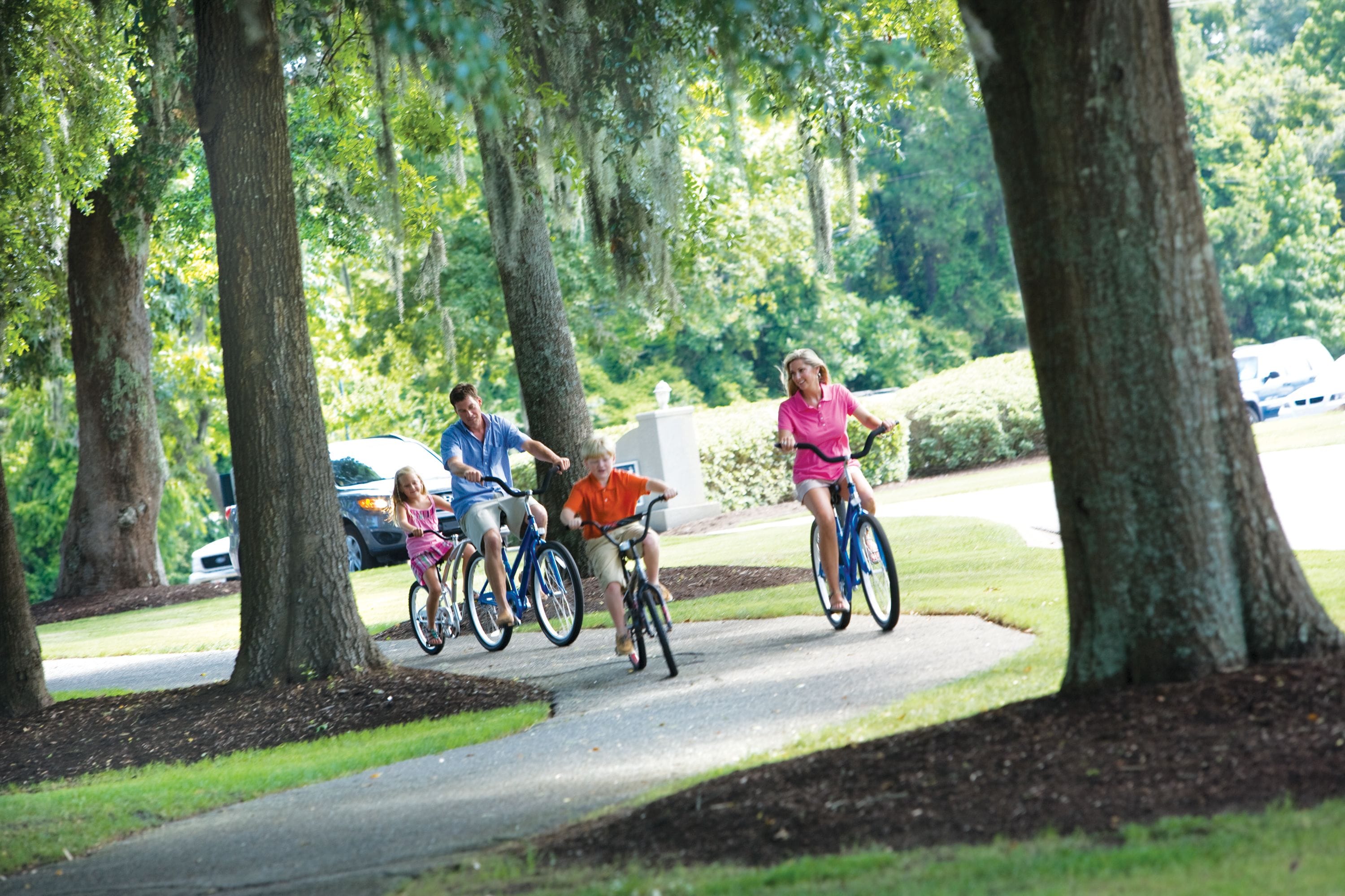 Une famille fait du vélo sur un chemin bordé d’arbres.