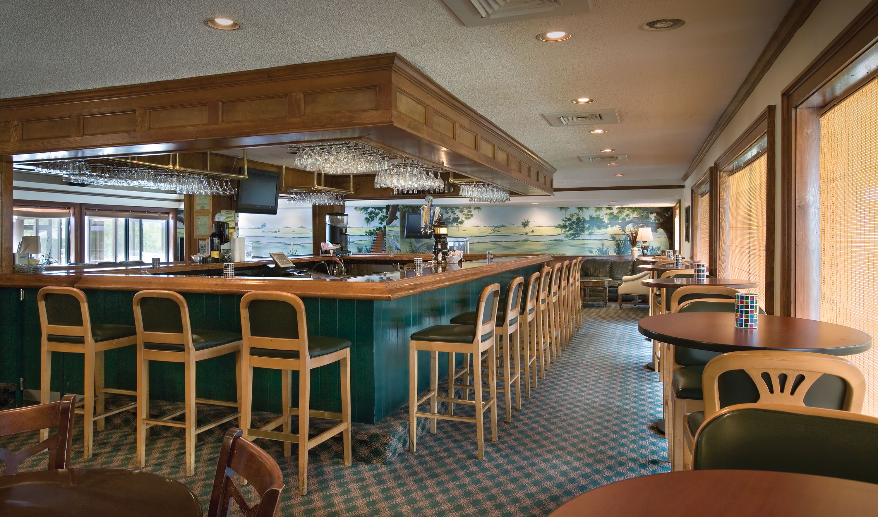 A bar area with wooden bar stools, a counter with a TV, and a mural of a landscape.