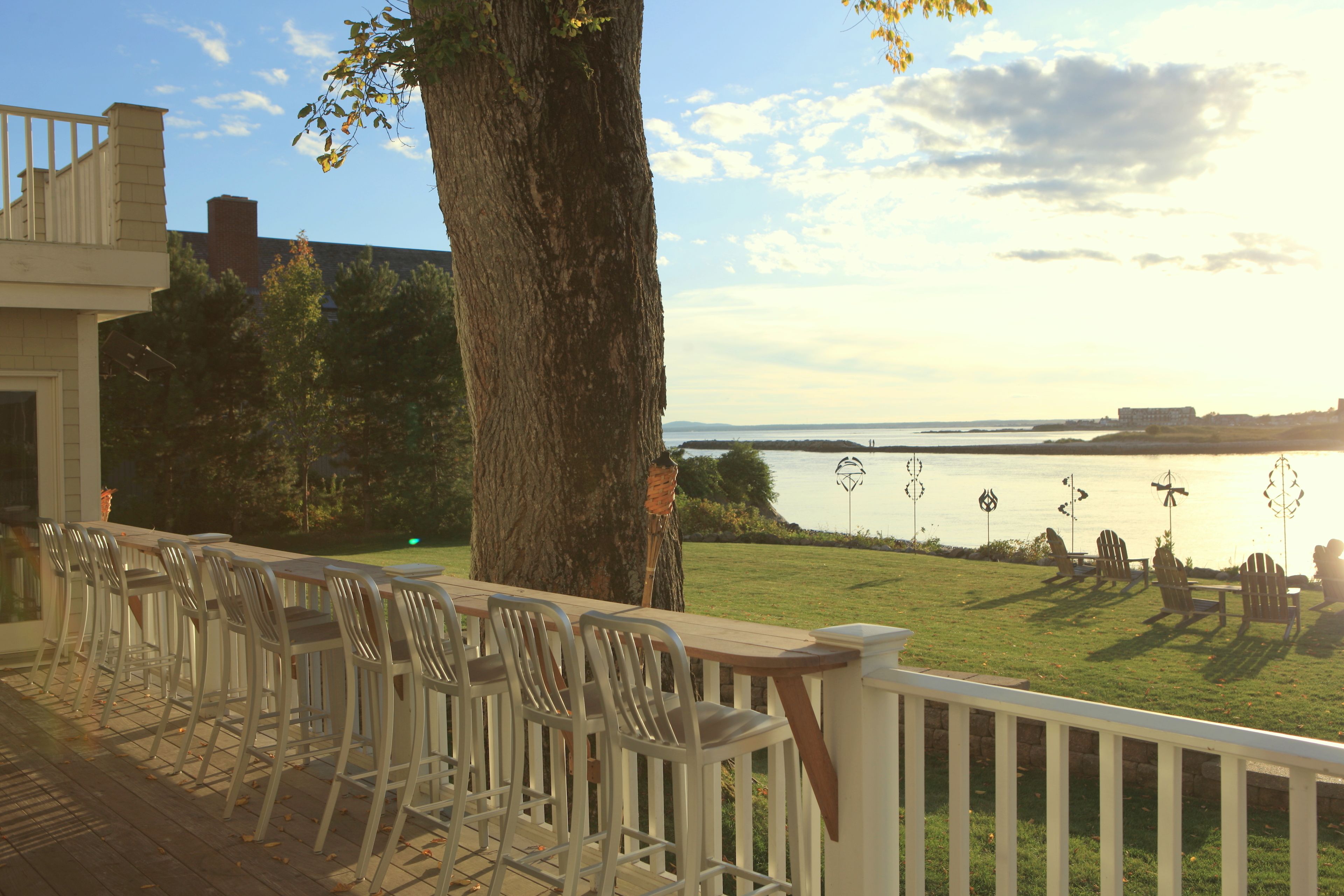A deck with outdoor seating overlooking a body of water, a large tree, and a distant view of a city skyline.