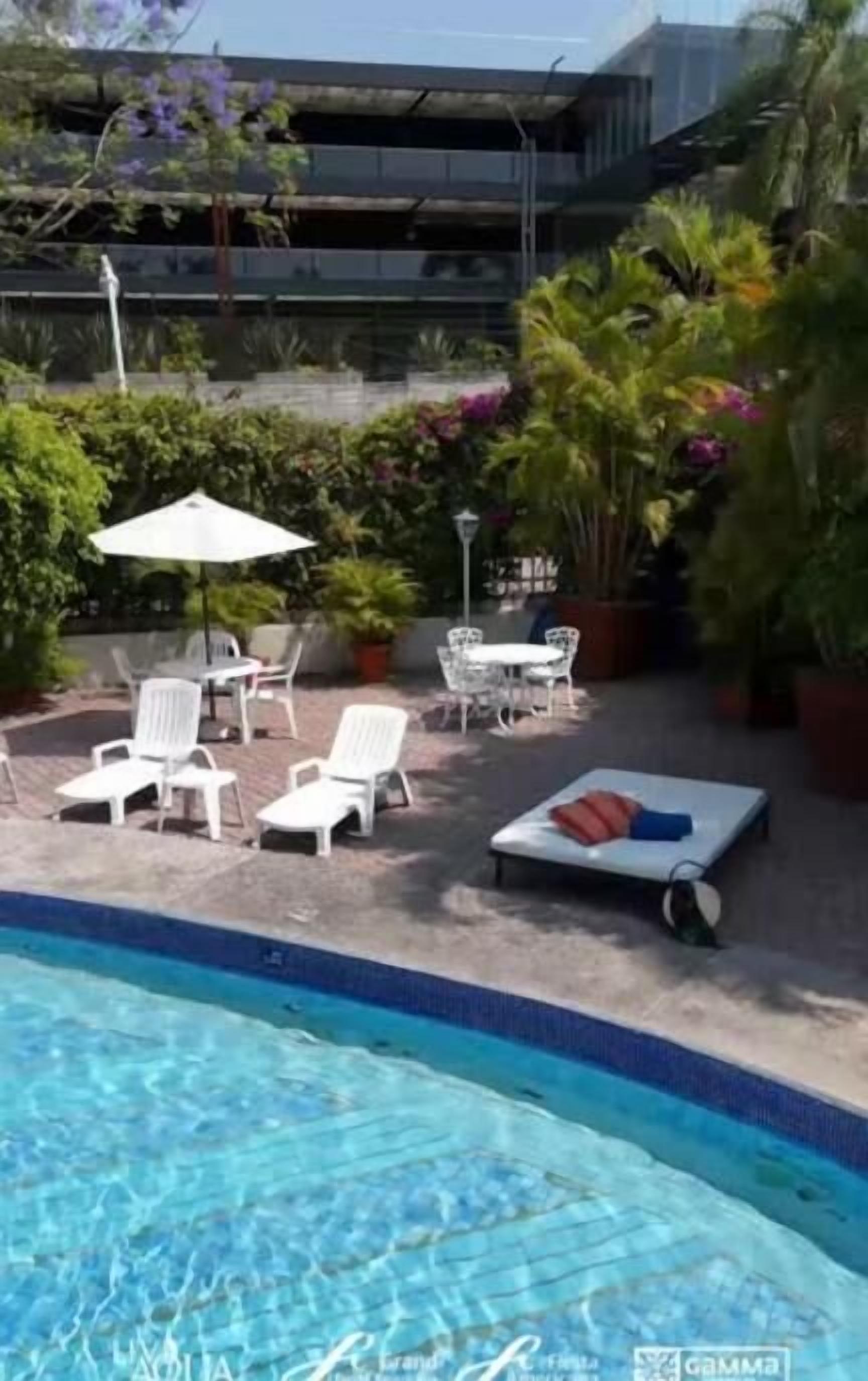 Zona de piscina con sillones de descanso y una mesa, rodeada de plantas en macetas y un edificio al fondo.