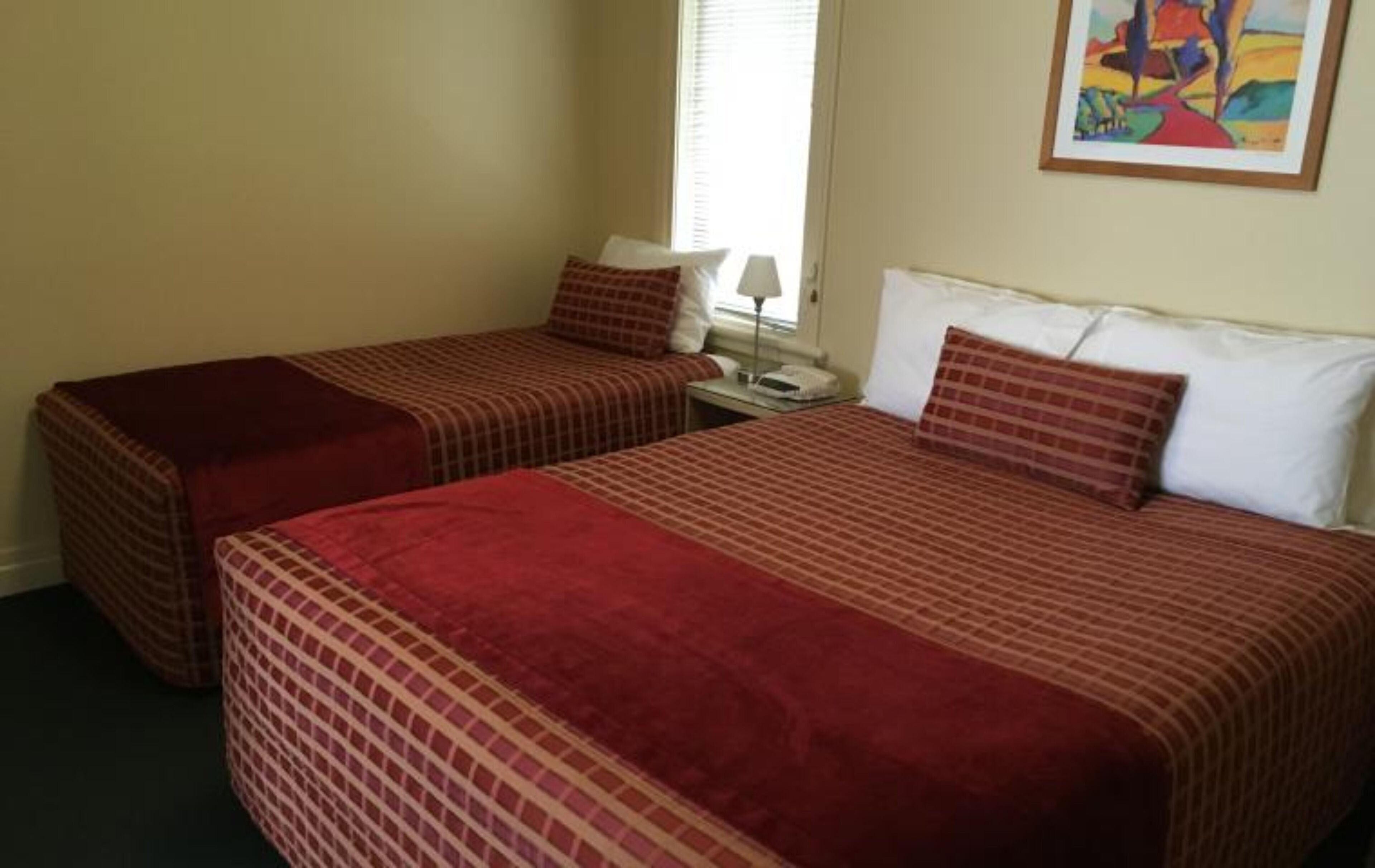 A room with two beds, each with a red and white checkered bedspread, a nightstand with a lamp, and a painting on the wall.