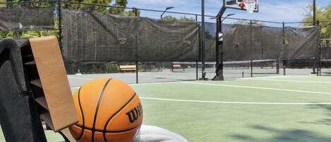Una cancha de baloncesto con una valla de malla, un aro de baloncesto y un banco con una pelota de baloncesto encima.