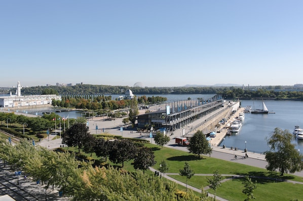 Un paseo ribereño con edificios modernos, un puerto deportivo y barcos.