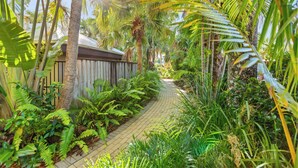 A pathway surrounded by lush greenery and palm trees. - Trinity Beach Club Holiday Apartments (Trinity Beach)
