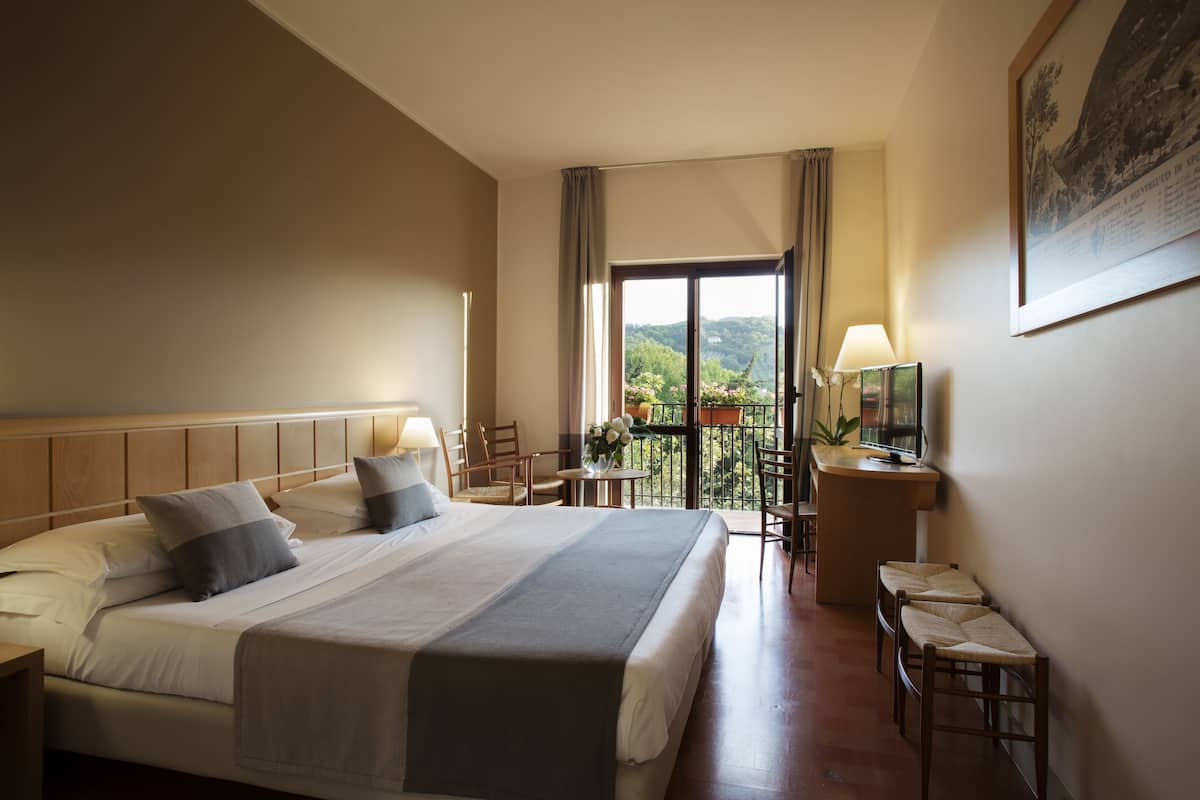 A hotel room with a large bed, a desk with a lamp, a chair, and a view of the outdoors.