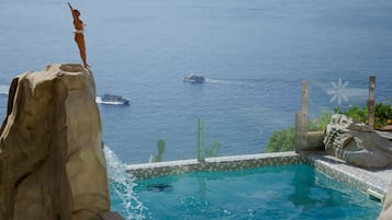 Seasonal outdoor pool, pool umbrellas, pool loungers