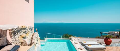 Seasonal outdoor pool, pool umbrellas, pool loungers