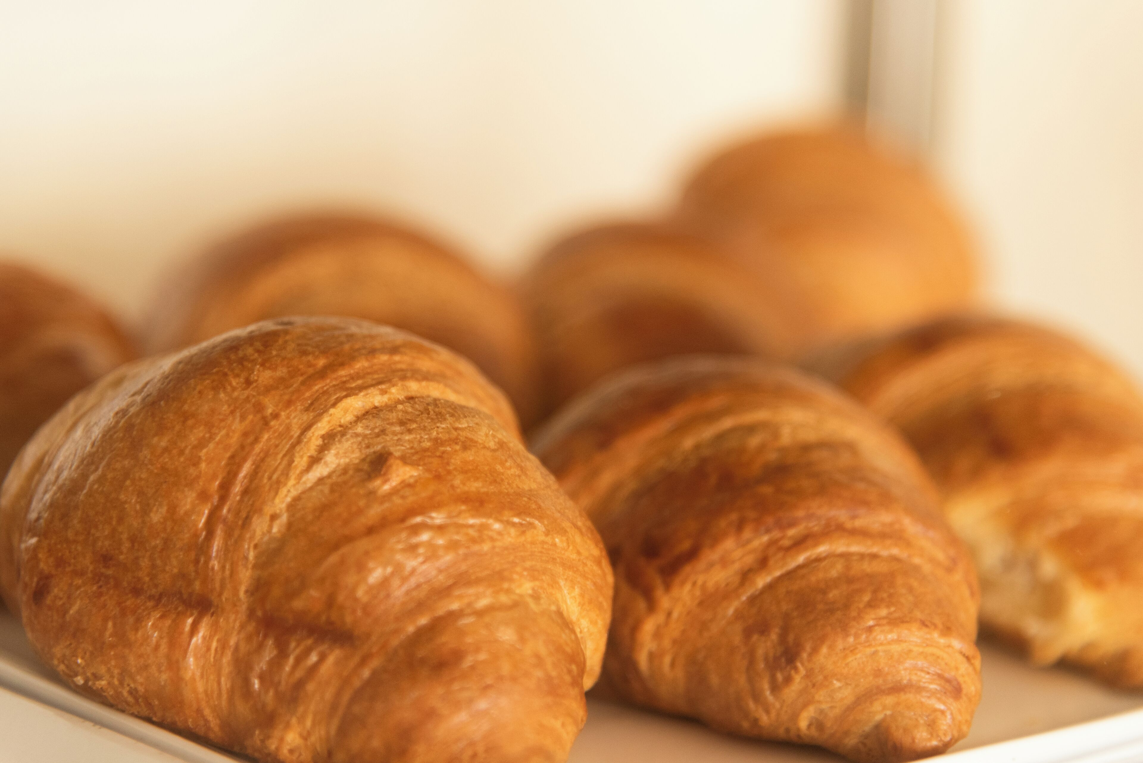 A close-up of several golden-brown croissants on a white plate.