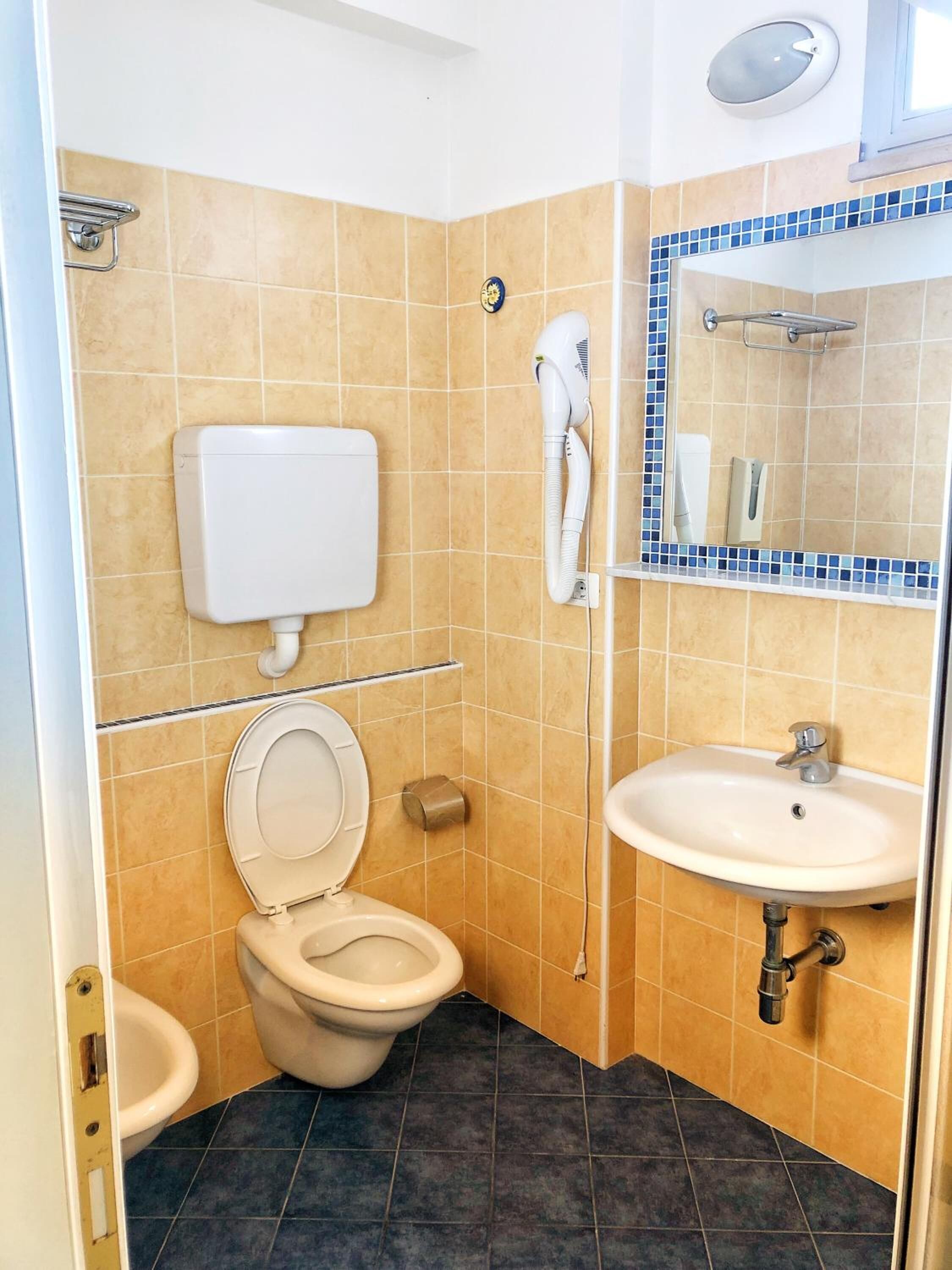 free toiletries, hair dryer, bidet, towels