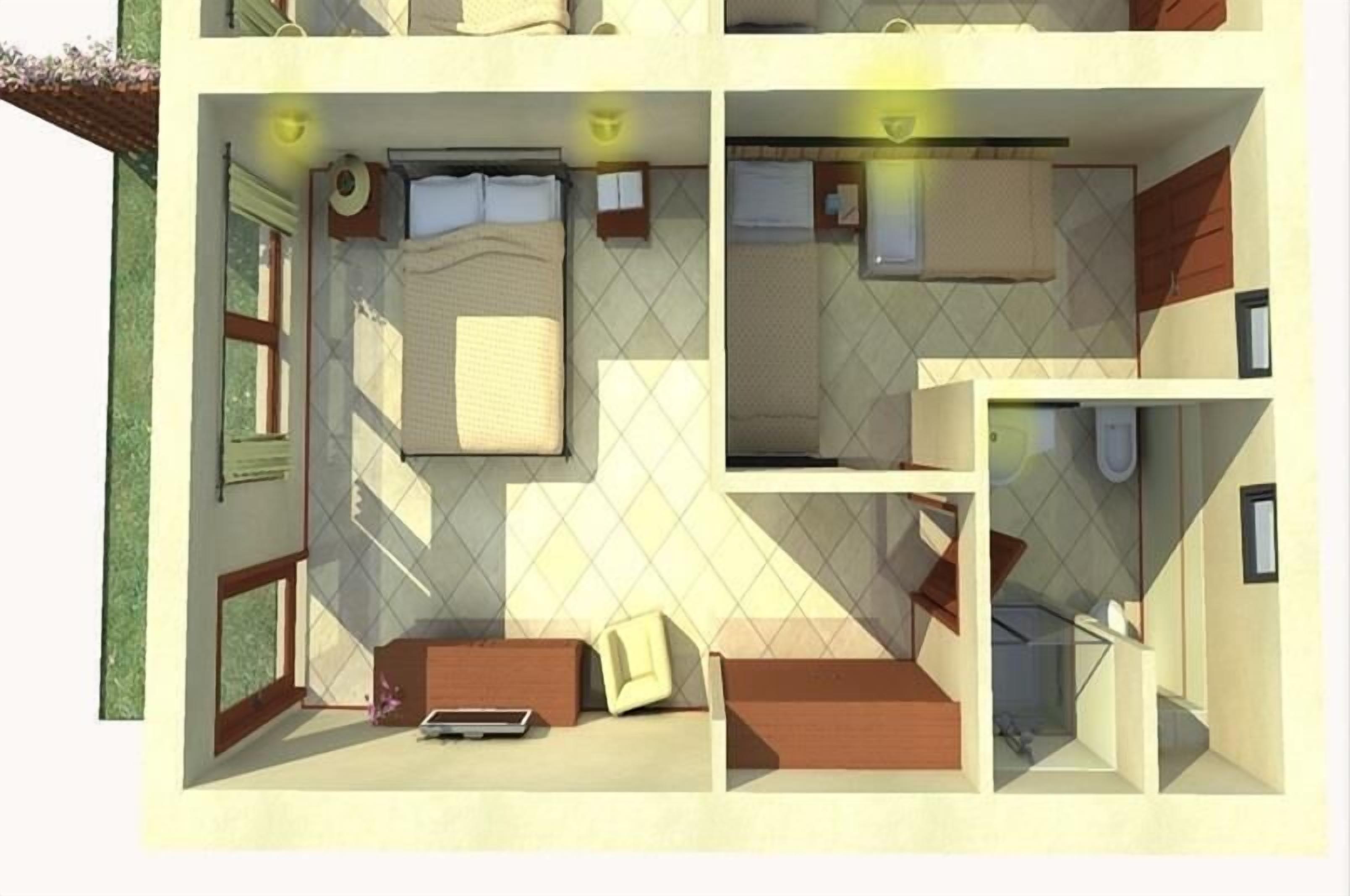 Een 3D-model van een hotelkamer met een bed, nachtkastje en een zithoekje.