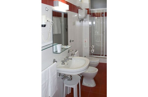 Un baño con lavabo, espejo, inodoro y ducha.