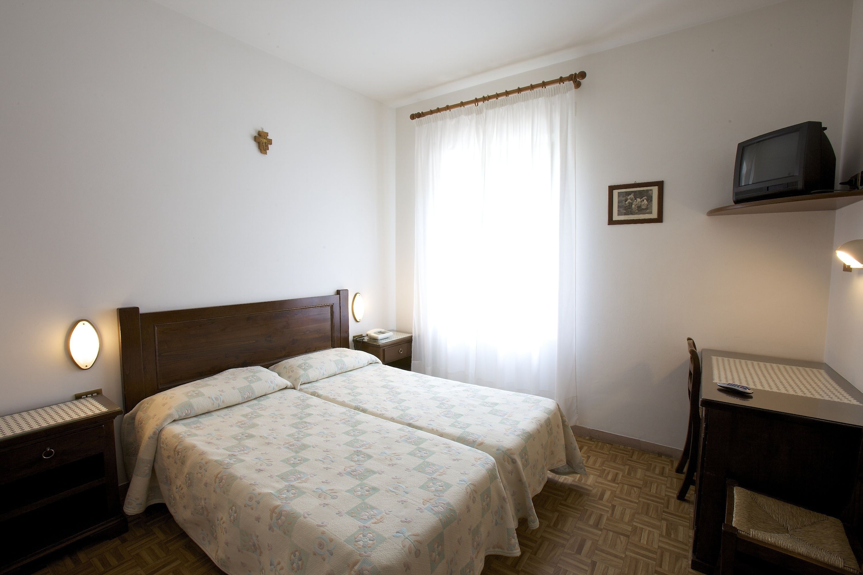 Desk, laptop workspace, blackout curtains, iron/ironing board