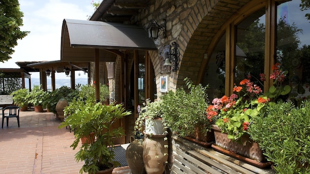 A patio area with potted plants, a wooden bench, and a stone wall. - Da Angelo (Assisi)