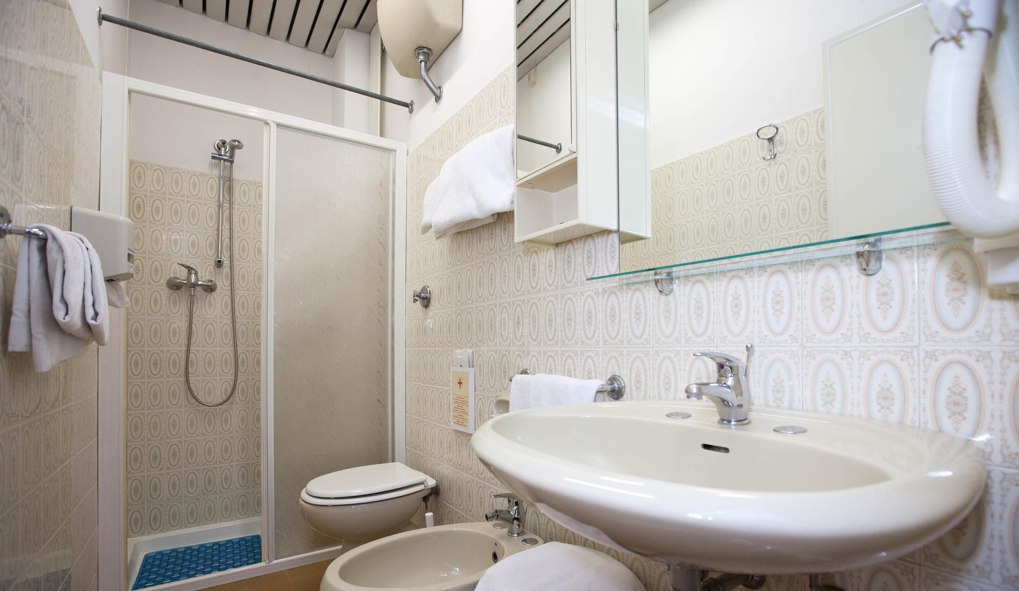 free toiletries, hair dryer, bidet, towels