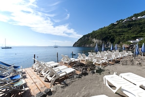Private beach, sun-loungers, beach umbrellas, fishing