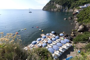 Playa privada, sillas reclinables de playa, sombrillas, pesca