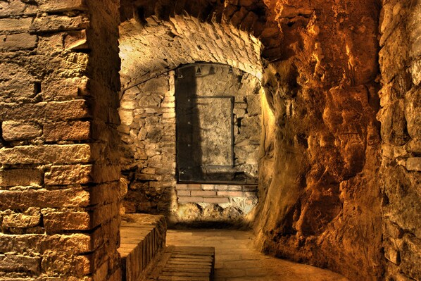 Un estrecho pasillo de piedra con una escalera de madera que conduce a una puerta.