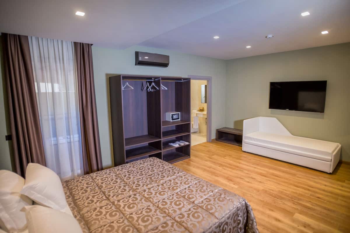 A hotel room with a bed, a wardrobe, a TV, and a sofa.