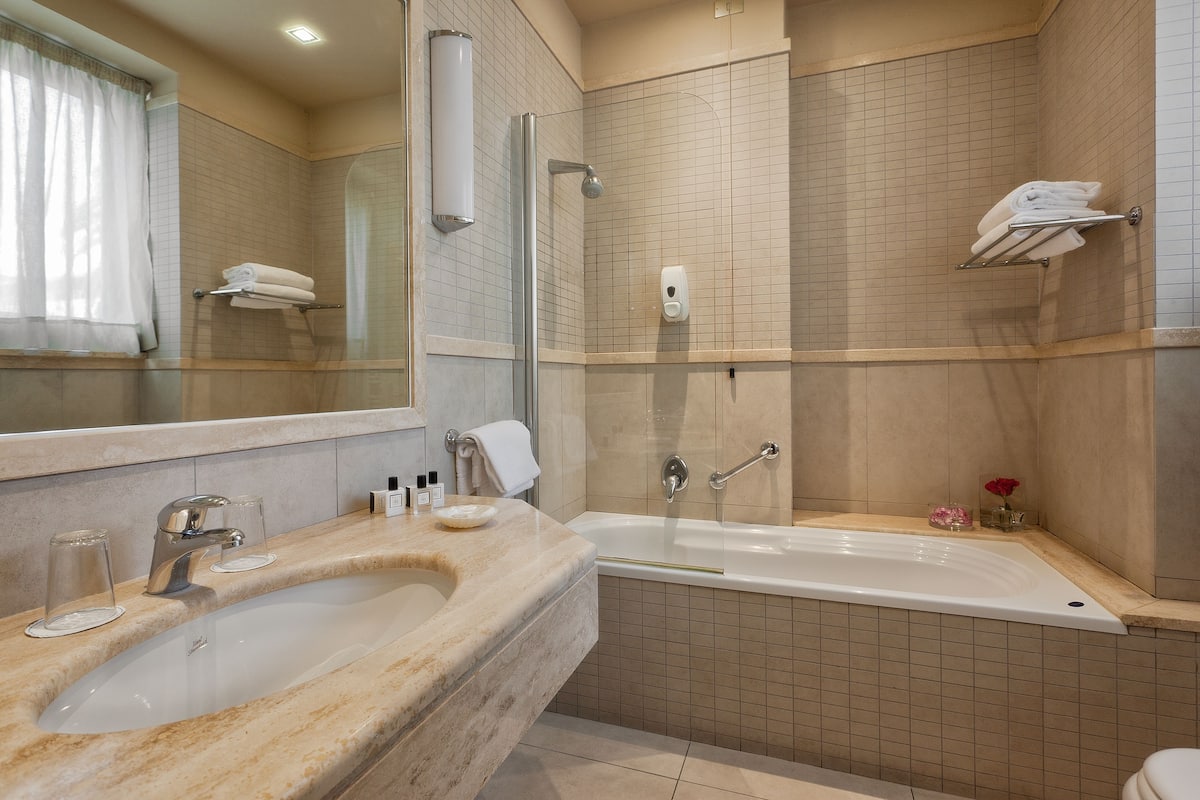 free toiletries, hair dryer, bidet, towels