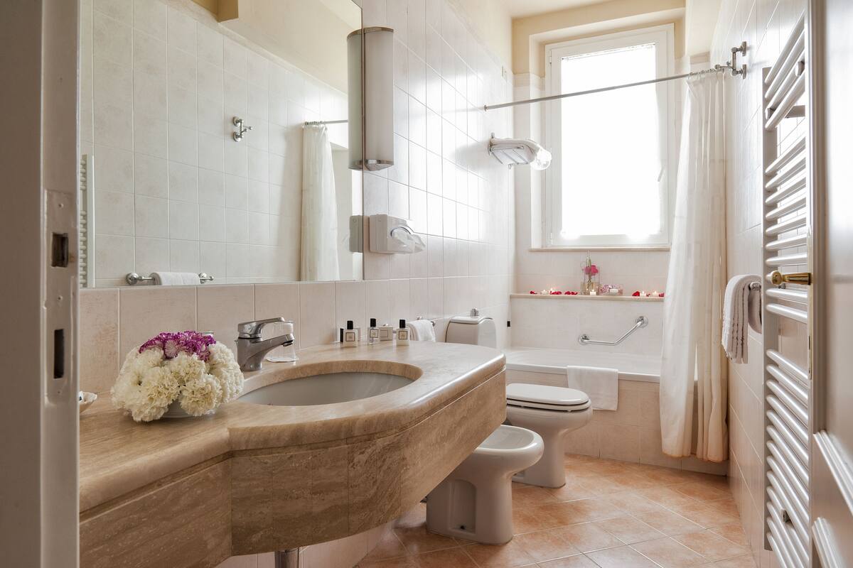 free toiletries, hair dryer, bidet, towels