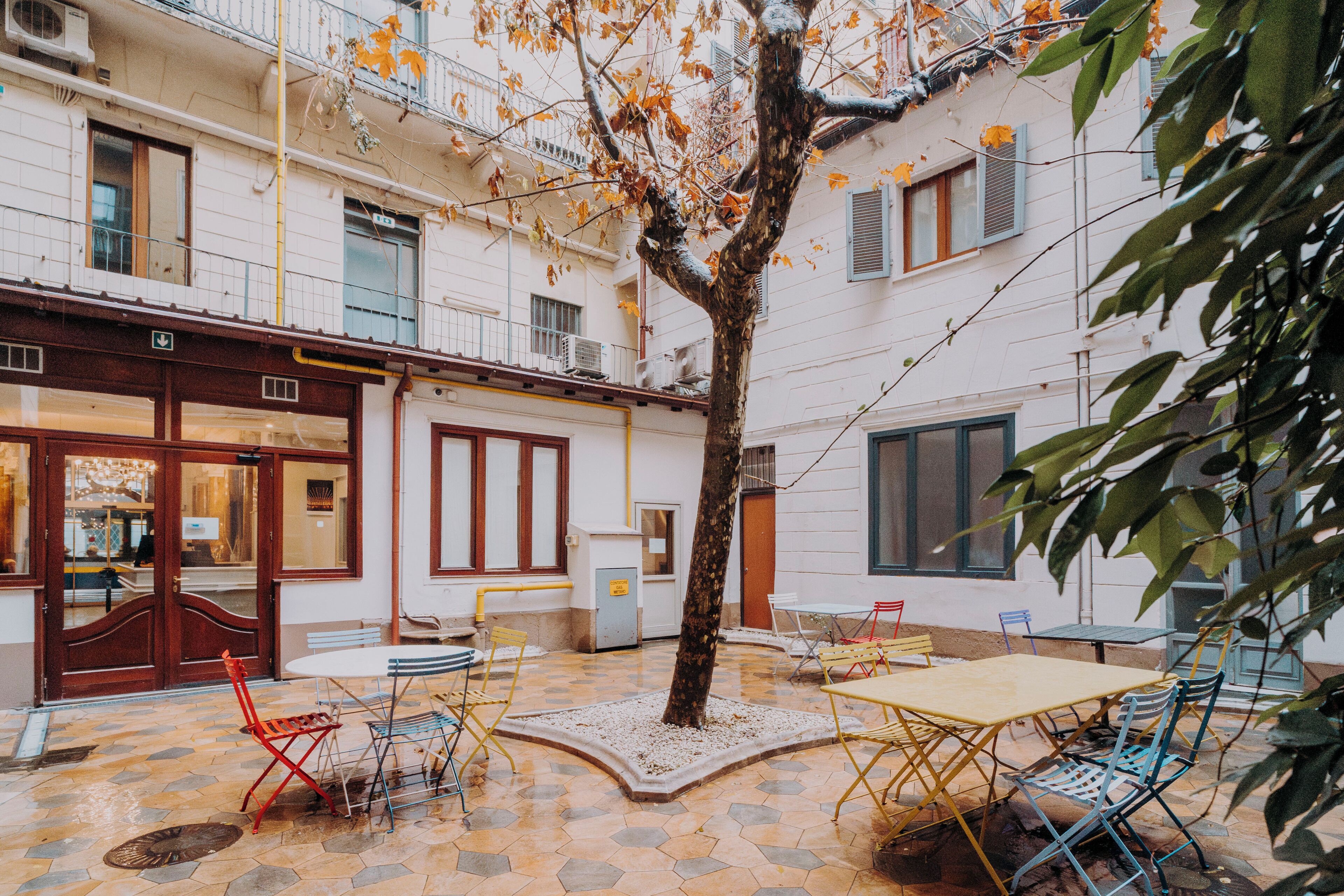 Un pati exterior amb un arbre, taules i cadires.