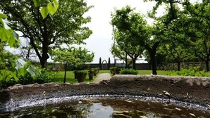 A tranquil garden with a pond, lush greenery, and a stone pathway. - Villa Alberti Hotel (Mira)