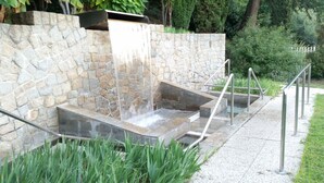 A stone water feature with a cascading waterfall, metal steps, and a metal railing. - Hotel Terme Millepini (Montegrotto Terme)