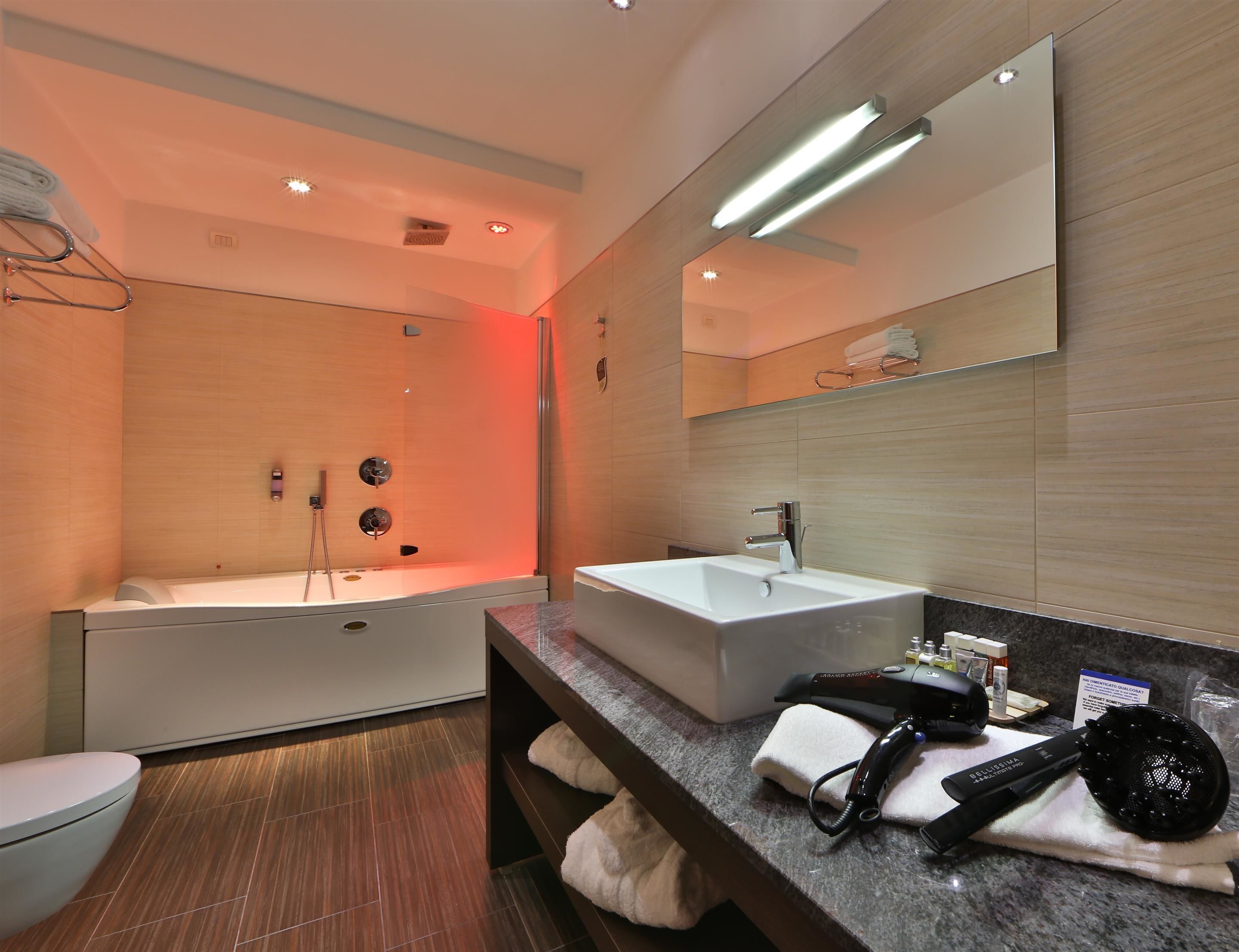 shower, hair dryer, bidet, towels