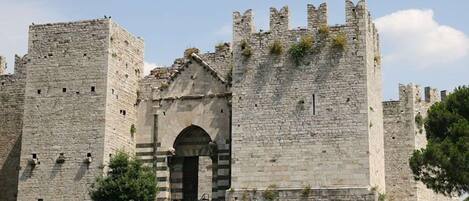 A historic stone castle with multiple towers and a central arched entrance.