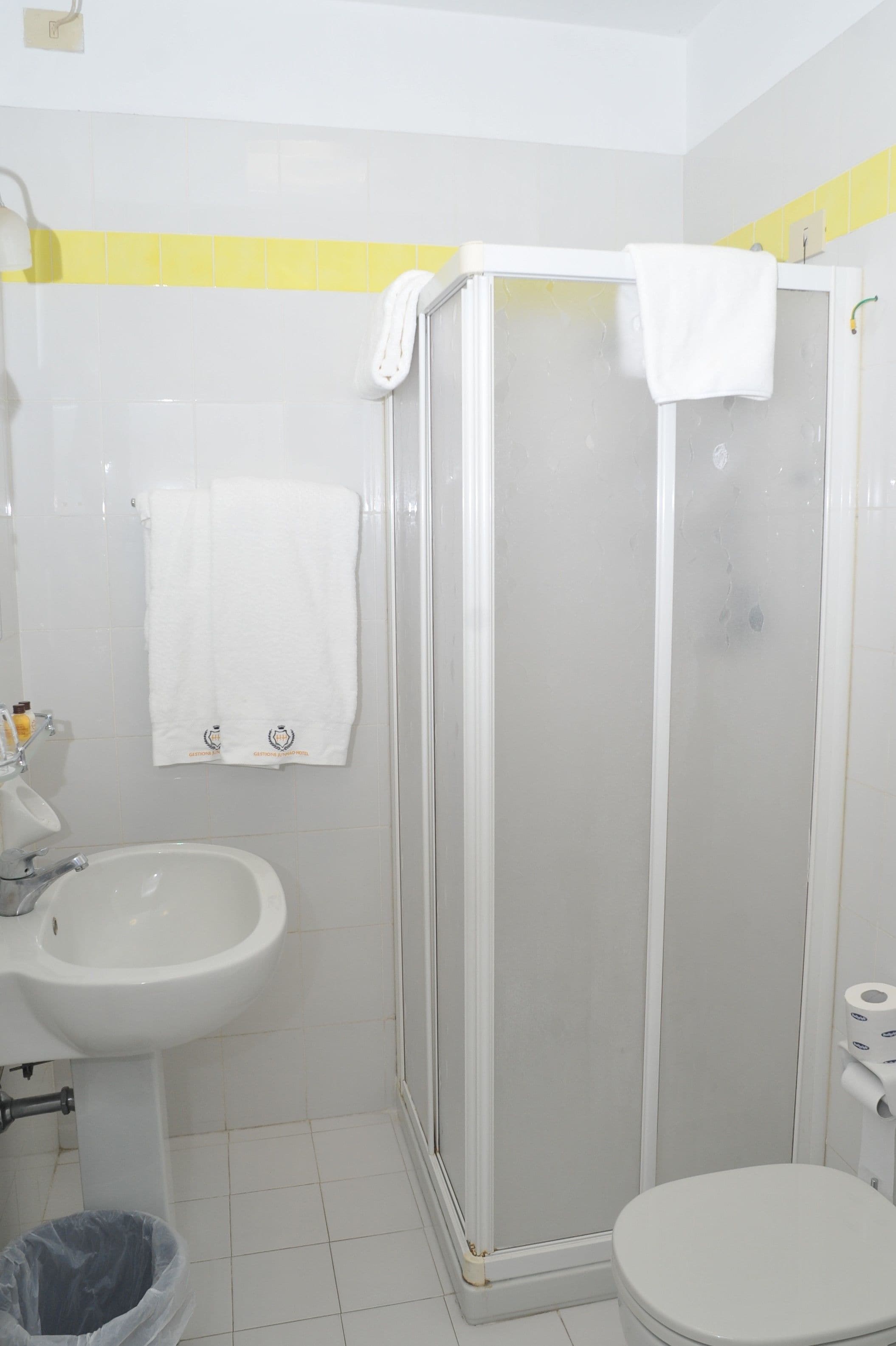 Et badeværelse med brusekabine, vask, toilet og et håndklæde hængende på væggen.
