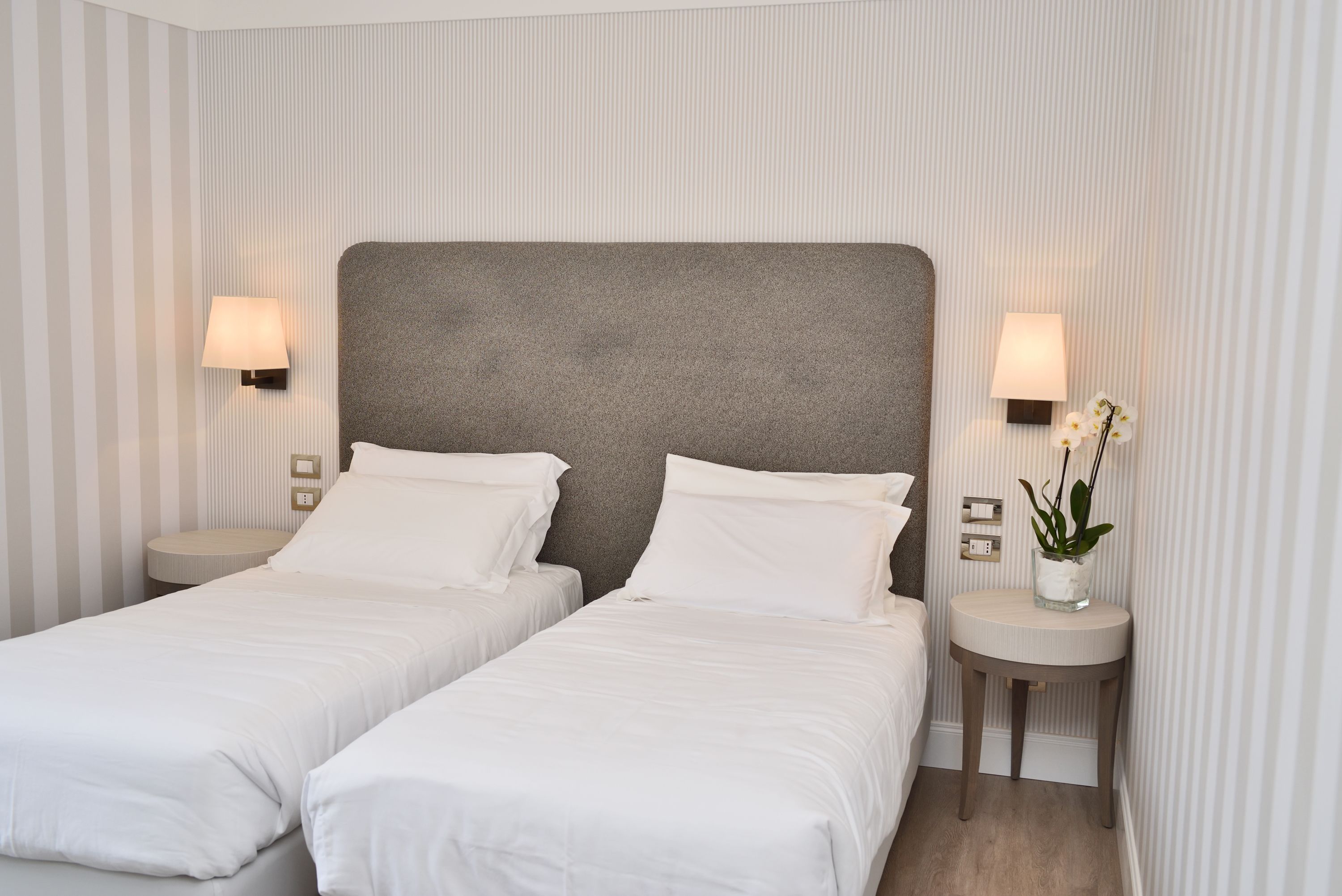 Une chambre d’hôtel avec deux lits simples, une tête de lit grise, des lampes de chevet et une petite table avec une plante.