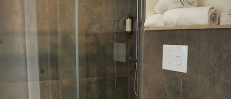 Un baño moderno con ducha envuelta en vidrio, inodoro y bidé.