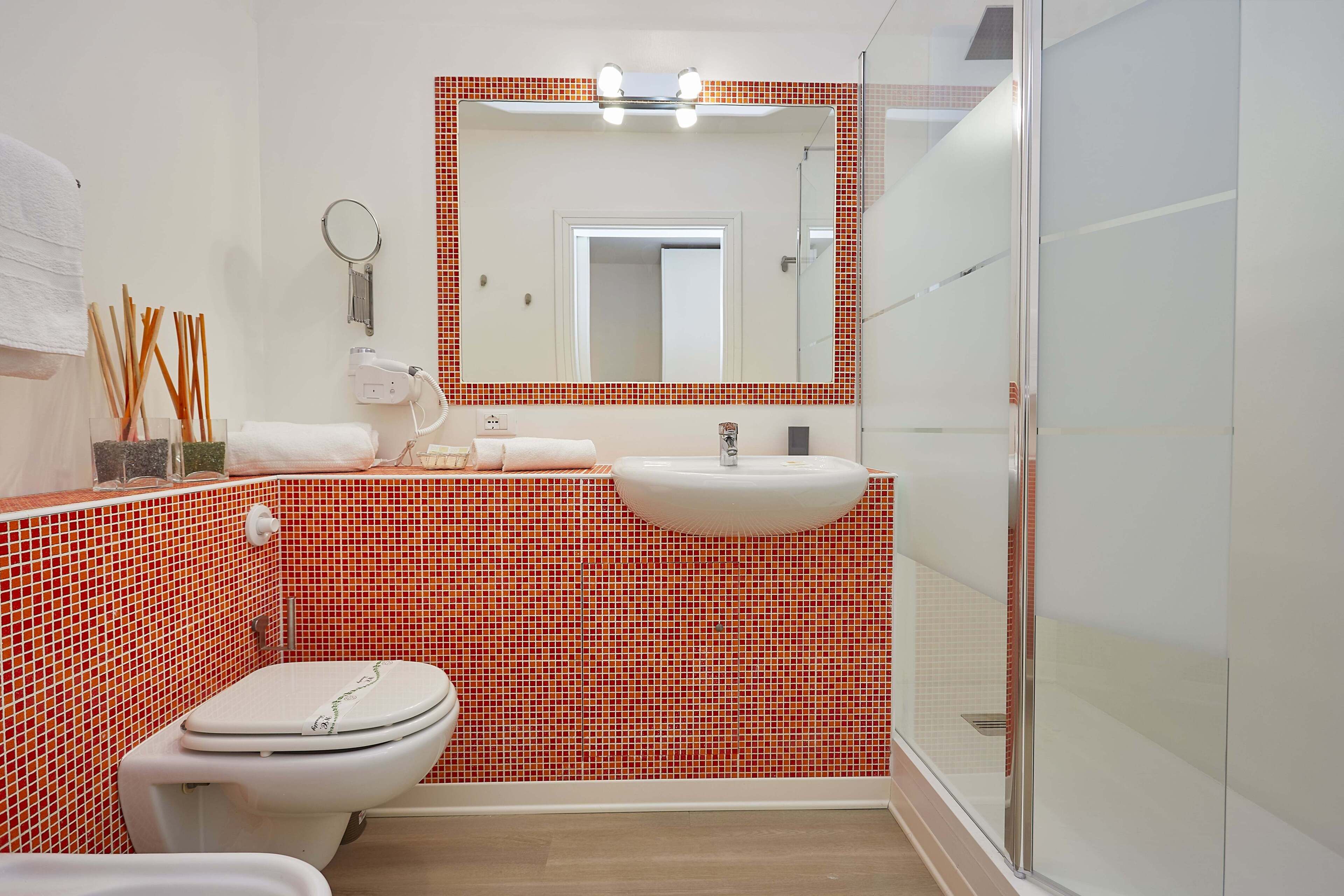 Un baño con inodoro blanco, lavabo, espejo y ducha.