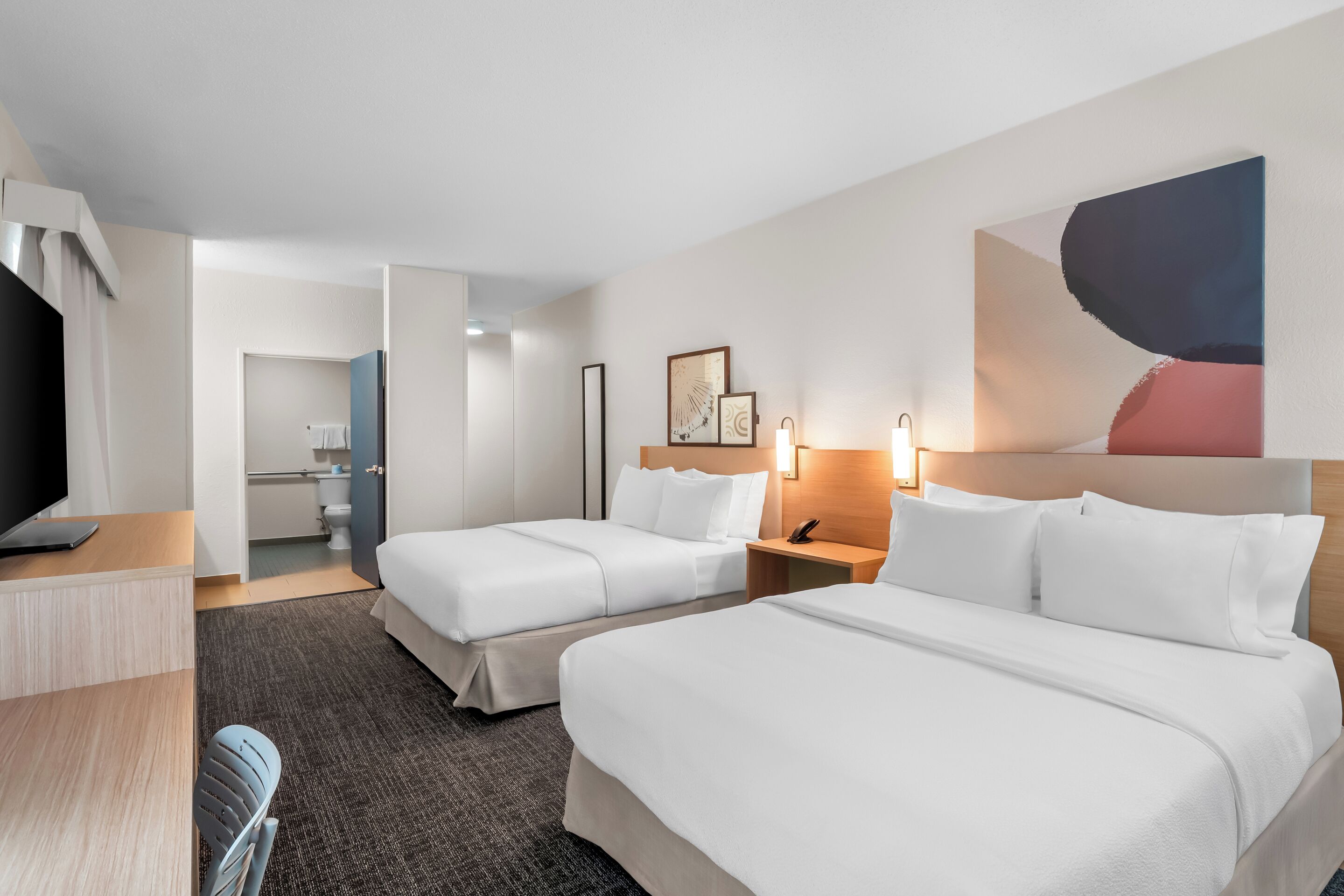 Room, 2 Queen Beds, Accessible, Bathtub (Mobility) | Desk, laptop workspace, blackout drapes, iron/ironing board