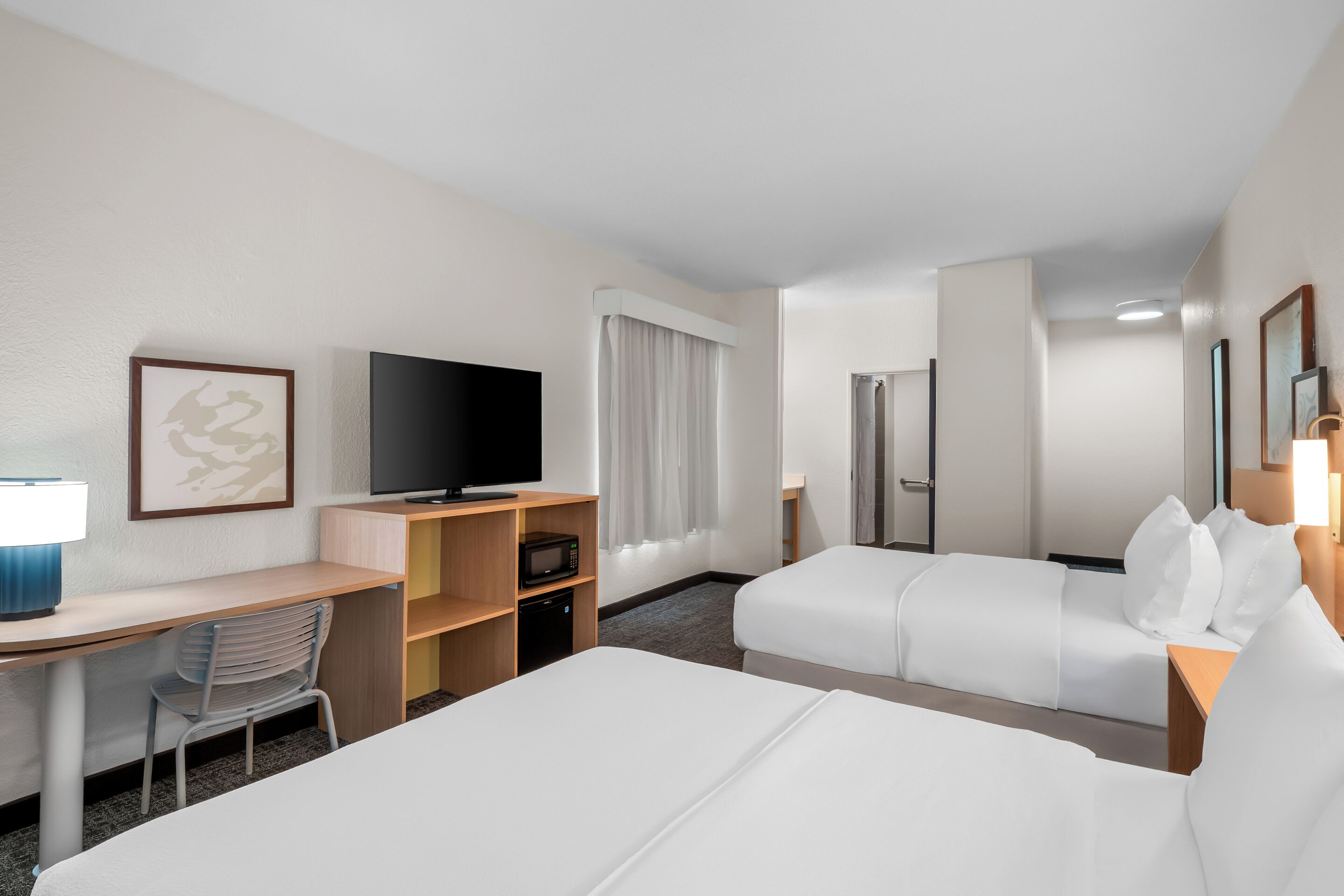 A hotel room with a bed, a desk with a television, a chair, a microwave, and a door leading to a bathroom.