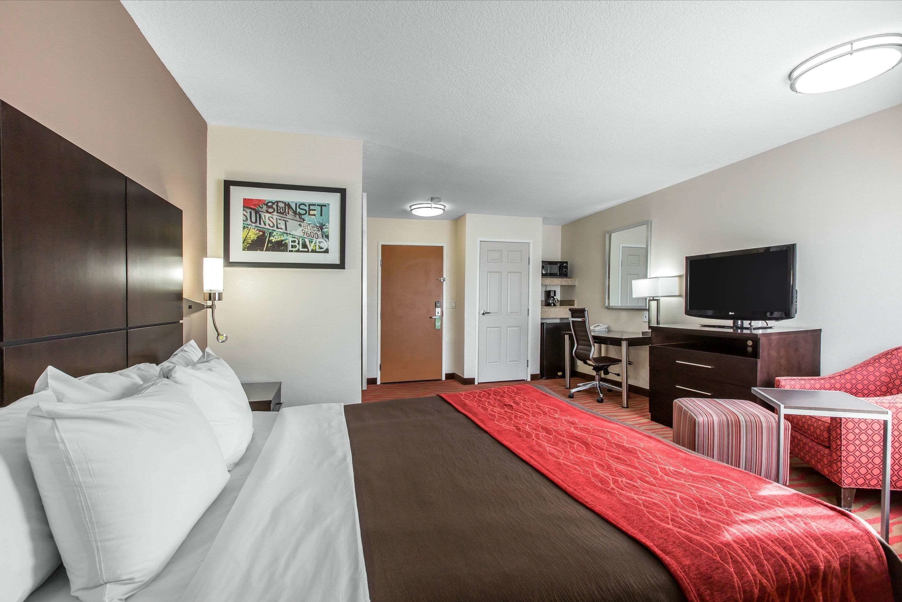 Ein Hotelzimmer mit einem Bett, einem Schreibtisch, einem Fernseher und einem roten Teppich.