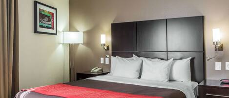 A hotel room with a large bed, a headboard, bedside lamps, a nightstand, and a framed picture on the wall.