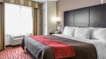 Desk, laptop workspace, blackout curtains, iron/ironing board