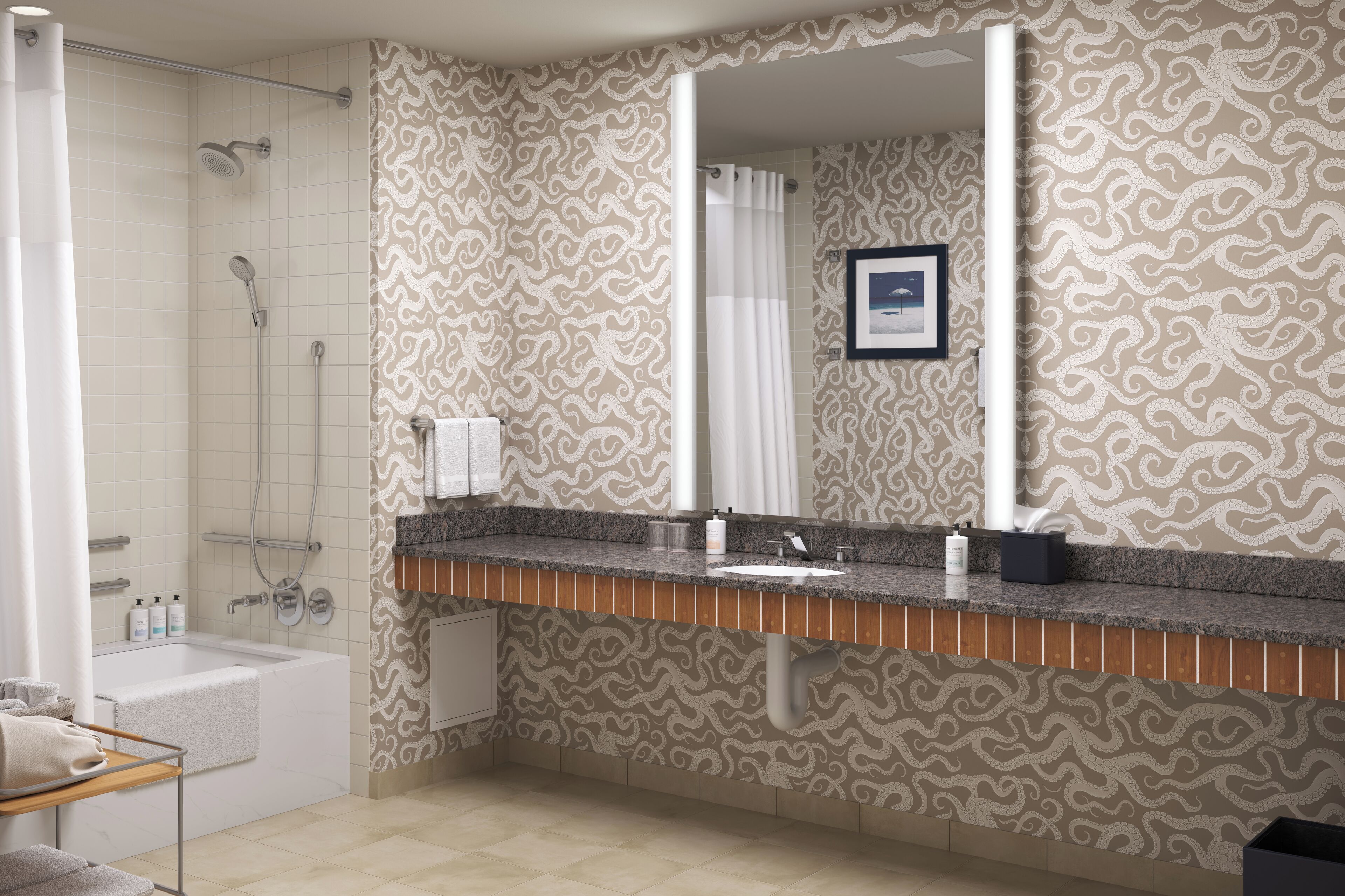 Une salle de bain avec une douche, un lavabo avec un miroir et des murs à motifs.