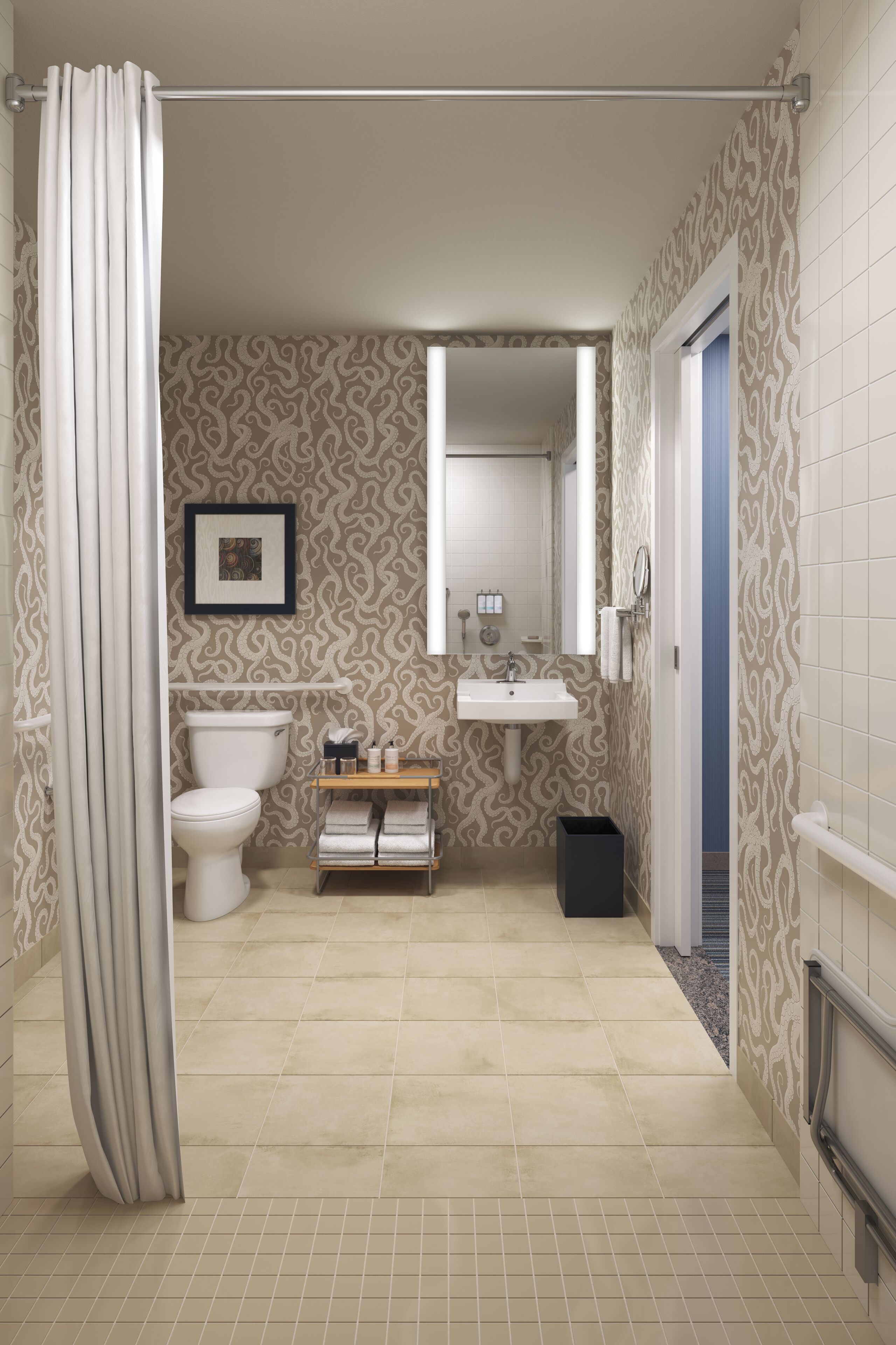 combined shower/bathtub, designer toiletries, hair dryer, bathrobes