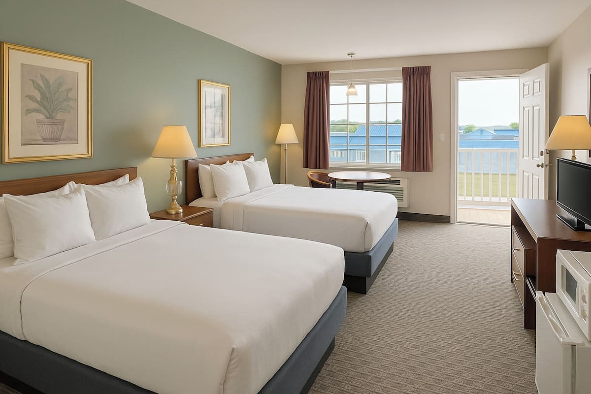A hotel room with two beds, a TV, a desk, and a window with a view.