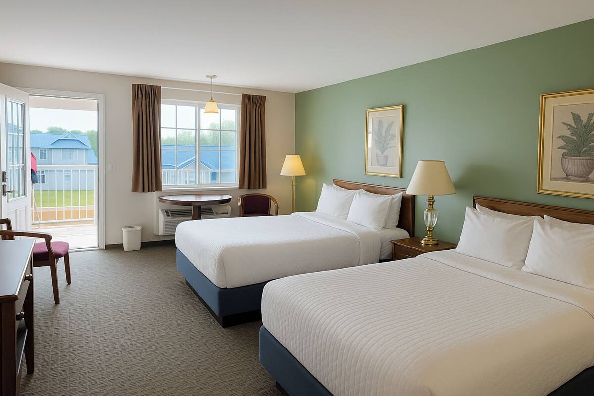 A hotel room with two beds, a desk, and a chair. There is a window with curtains, a lamp, and framed artwork on the walls.