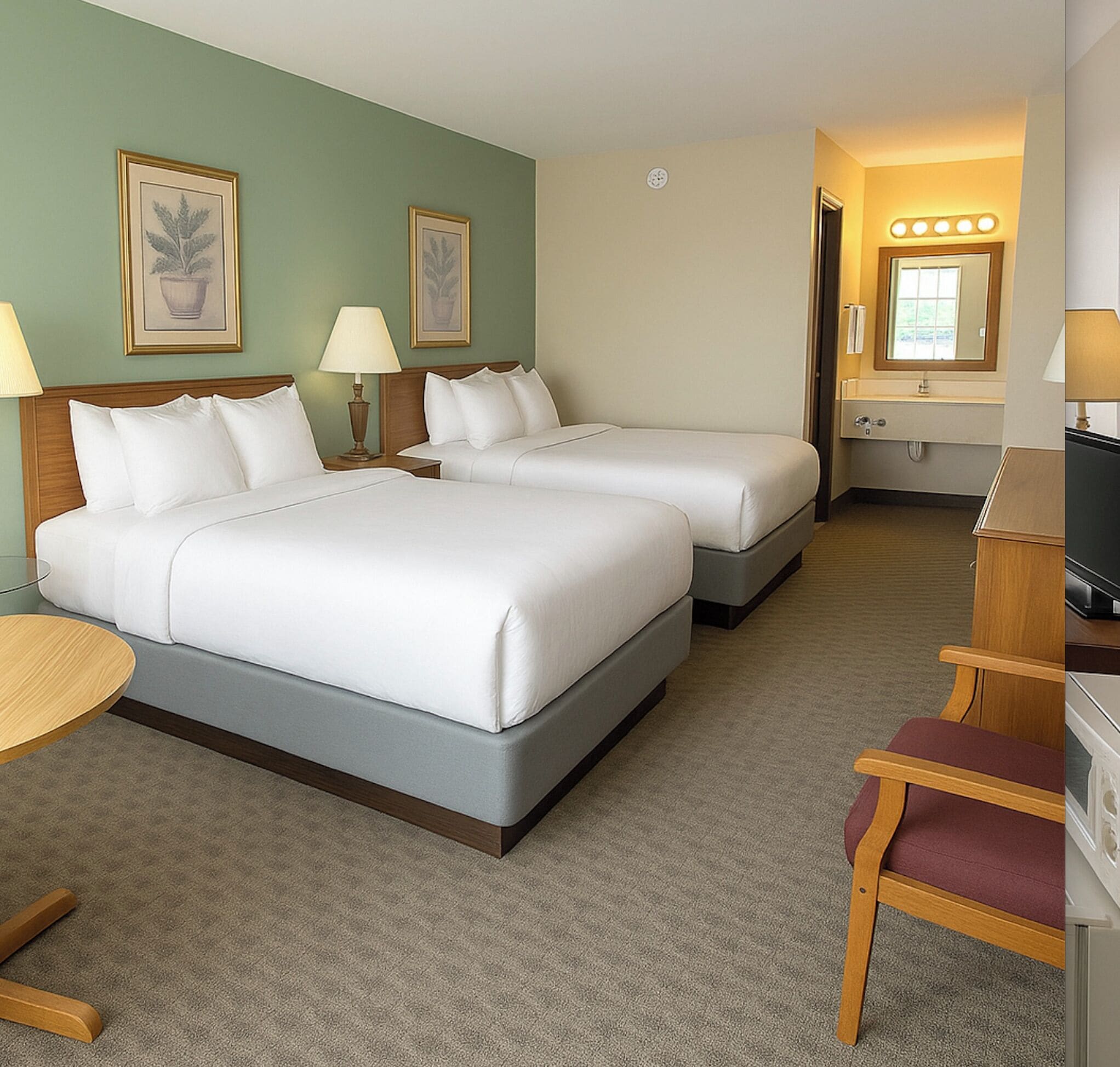 A hotel room with two beds, a desk, a chair, and a TV.